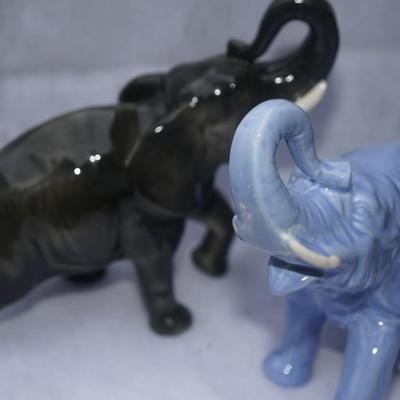 MID 20TH CENTURY CERAMIC GLAZED ELEPHANTS BLACK AND LIGHT BLUE PAIR 5" BY 10"