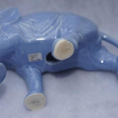 MID 20TH CENTURY CERAMIC GLAZED ELEPHANTS BLACK AND LIGHT BLUE PAIR 5" BY 10"