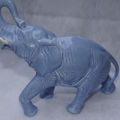 MID 20TH CENTURY CERAMIC GLAZED ELEPHANTS BLACK AND LIGHT BLUE PAIR 5" BY 10"