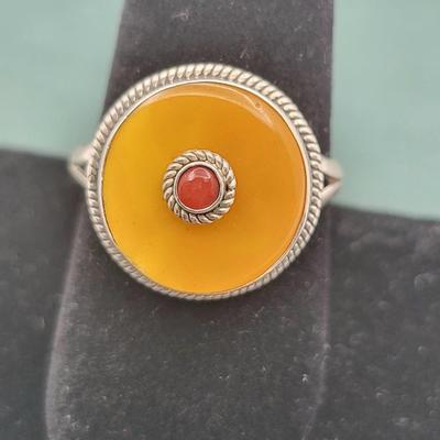 Adjustable Sterling Silver Ring Butterscotch Amber & Coral