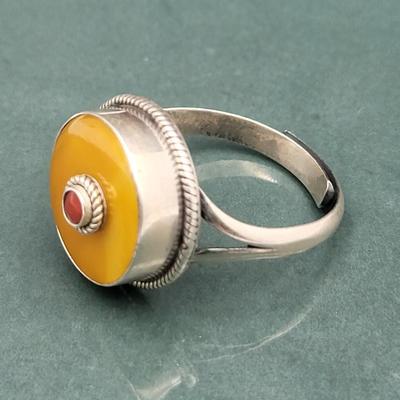 Adjustable Sterling Silver Ring Butterscotch Amber & Coral