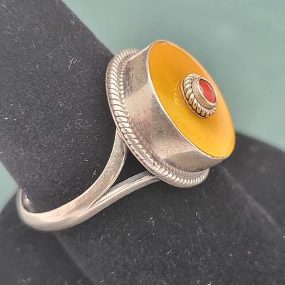 Adjustable Sterling Silver Ring Butterscotch Amber & Coral