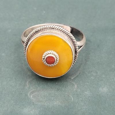 Adjustable Sterling Silver Ring Butterscotch Amber & Coral