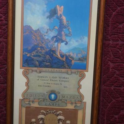 MAXFIELD PARRISH "ECTASY " FRAMED CALENDAR 1930 FOR EDISON LAMP WORKS