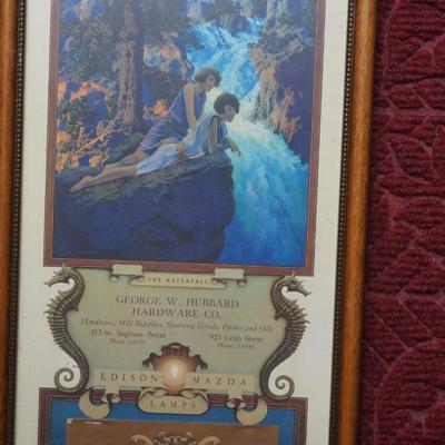 MAXFIELD PARRISH "THE WATERFALL" FRAMED 1931 CALENDAR FOR HUBBARD HARDWARE & EDISON MAZDA LAMPS