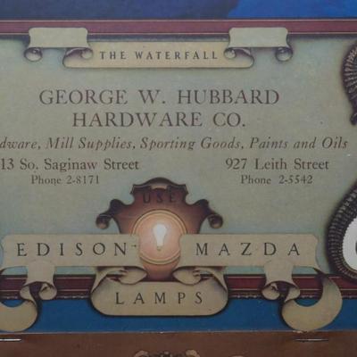 MAXFIELD PARRISH "THE WATERFALL" FRAMED 1931 CALENDAR FOR HUBBARD HARDWARE & EDISON MAZDA LAMPS