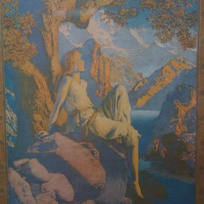 MAXFIELD PARRISH PRINT ADVERTISING FOR EDISON LIGHTING.FRAMED "AND NIGHT IS FLED"