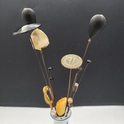Antique Hat Pins & Porcelain Prussia Vanity Pin Holder