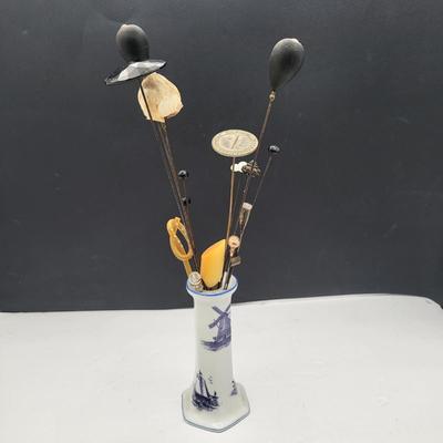 Antique Hat Pins & Porcelain Prussia Vanity Pin Holder