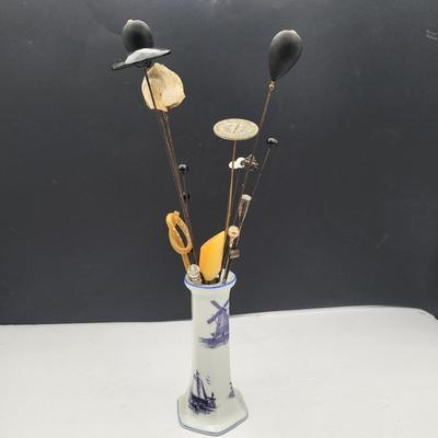 Antique Hat Pins & Porcelain Prussia Vanity Pin Holder