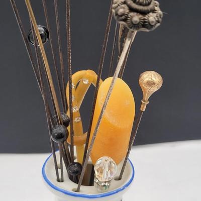 Antique Hat Pins & Porcelain Prussia Vanity Pin Holder