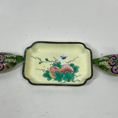 Cloisonné Lot - 2 Bird Trinket boxes and Tray