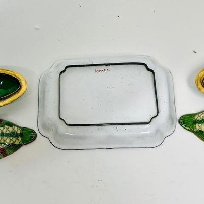 Cloisonné Lot - 2 Bird Trinket boxes and Tray