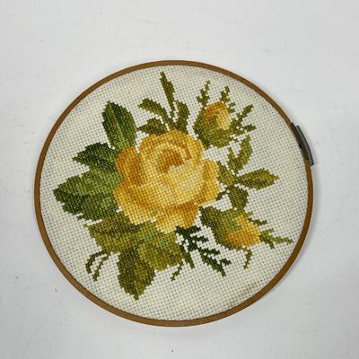 Yellow Rose Round Needlepoint in hoop