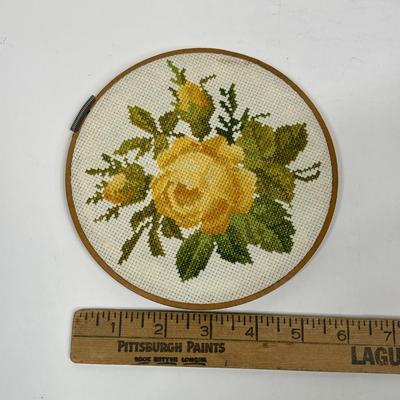 Yellow Rose Round Needlepoint in hoop