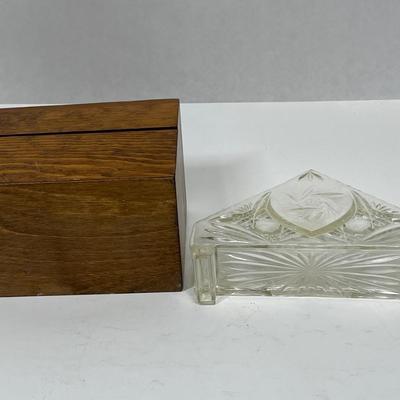Vintage Lot of Kitchen Items - Wood Recipe Box and Plastic Napkin holder