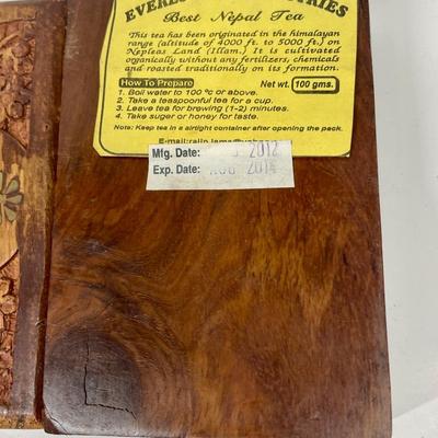 Vintage Wood Tea Box Inlay and Carving Red Felt Inside