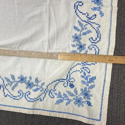 Vintage Cotton Tablecloth, square embroidered flower pattern border, blue & white
