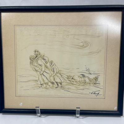 Vintage Ink Drawing framed signed