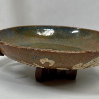 Handcrafted Pottery Bowl with Handles and 9 Pillars (unusual) for Tri-footed Base Folkart unknown origin
