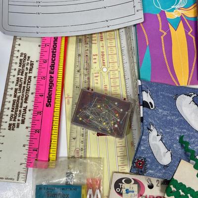 Sewing Notions Lot, vintage guides, rulers, binding, patches, buttons, etc