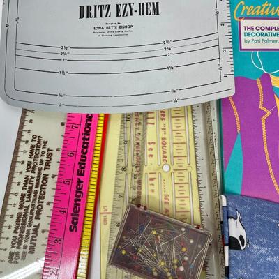 Sewing Notions Lot, vintage guides, rulers, binding, patches, buttons, etc