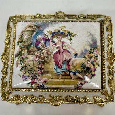 Vintage Westland Music Box Plays "MEMORY" Song Porcelain and Gold tone metal