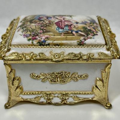 Vintage Westland Music Box Plays "MEMORY" Song Porcelain and Gold tone metal