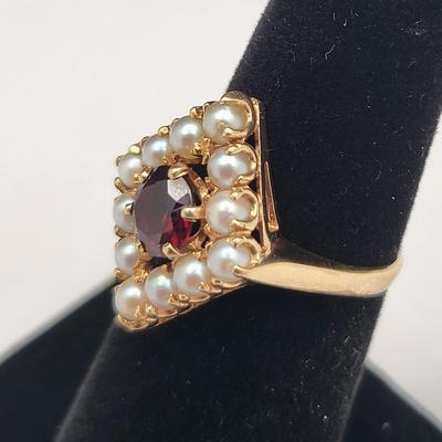 Antique 14k Gold Pearl Garnet Size 5 Ring - 3.4gr
