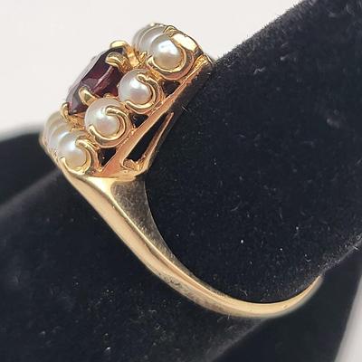 Antique 14k Gold Pearl Garnet Size 5 Ring - 3.4gr