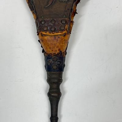 Antique Dutch Bellow Copper Wood Brass 19th Center Repousse Dutch Musketeer