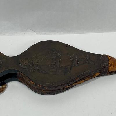 Antique Dutch Bellow Copper Wood Brass 19th Center Repousse Dutch Musketeer