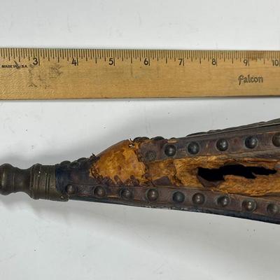 Antique Dutch Bellow Copper Wood Brass 19th Center Repousse Dutch Musketeer