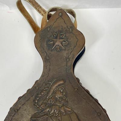 Antique Dutch Bellow Copper Wood Brass 19th Center Repousse Dutch Musketeer