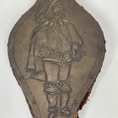 Antique Dutch Bellow Copper Wood Brass 19th Center Repousse Dutch Musketeer