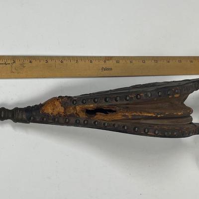 Antique Dutch Bellow Copper Wood Brass 19th Center Repousse Dutch Musketeer