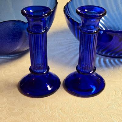Cobalt Blue Glass Bowls and Candleholders