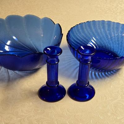 Cobalt Blue Glass Bowls and Candleholders