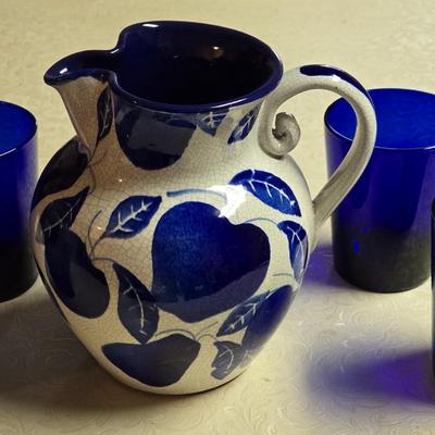 Cobalt Blue Glass Tumblers & Ceramic Pitcher