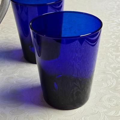 Cobalt Blue Glass Tumblers & Ceramic Pitcher
