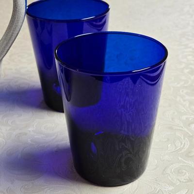 Cobalt Blue Glass Tumblers & Ceramic Pitcher
