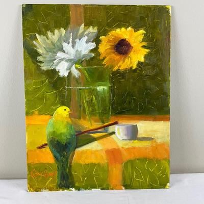 68 Original Oil Painting of Bird on Table Still Life by Kathie Rogers