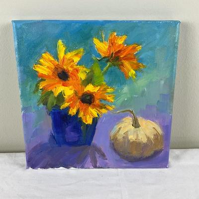 89 Original Oil painting Still Life of Pumpkin and Sunflowers by Kathie Rogers