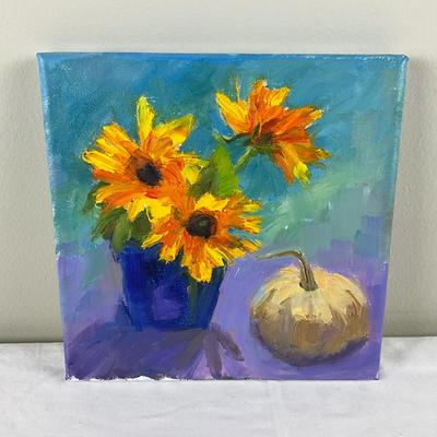 89 Original Oil painting Still Life of Pumpkin and Sunflowers by Kathie Rogers