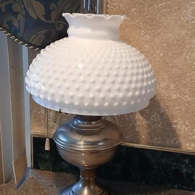 Beautiful Aladdin Model No. 11 lamp with milk glass hobnail shade and frosted chimney