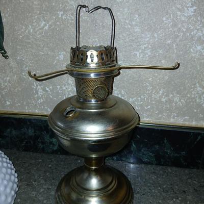 Beautiful Aladdin Model No. 11 lamp with milk glass hobnail shade and frosted chimney