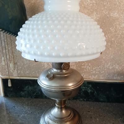 Beautiful Aladdin Model No. 11 lamp with milk glass hobnail shade and frosted chimney