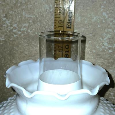 Beautiful Aladdin Model No. 11 lamp with milk glass hobnail shade and frosted chimney