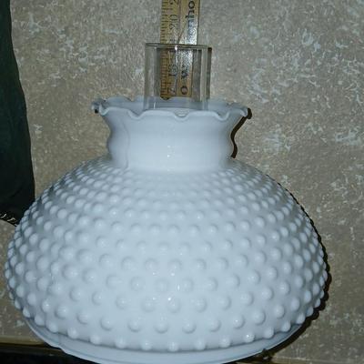 Beautiful Aladdin Model No. 11 lamp with milk glass hobnail shade and frosted chimney