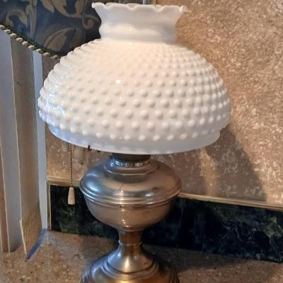 Beautiful Aladdin Model No. 11 lamp with milk glass hobnail shade and frosted chimney
